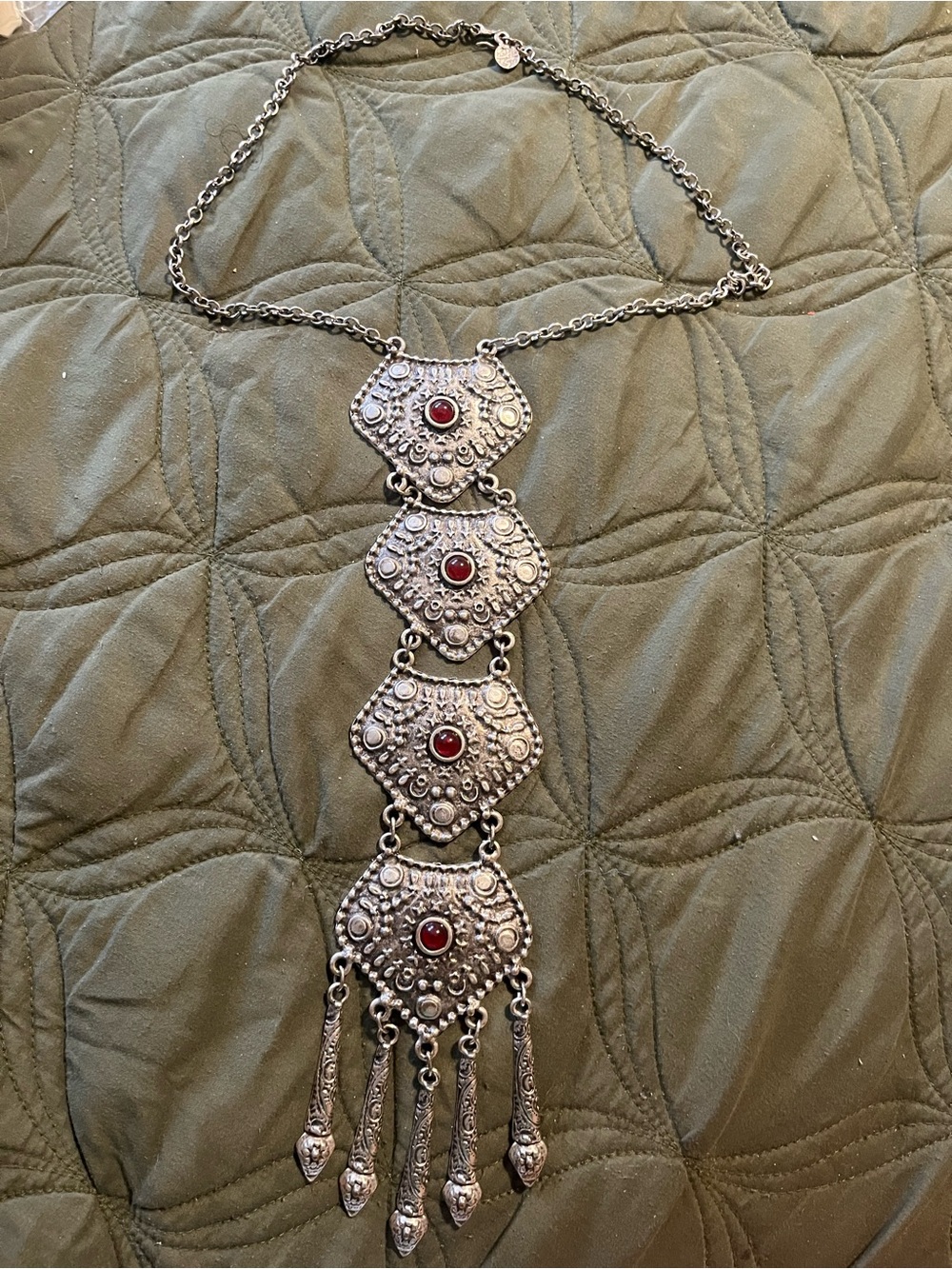 “Nomads Armor”Bohemian Silver-Tone Red Stone Statement Necklace